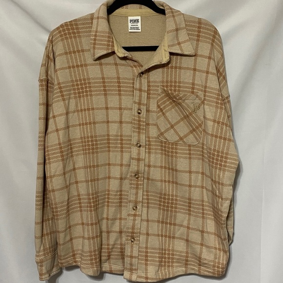 PINK VICTORIA SECRET WO SMALL TAN PLAID FLEECE COMFY LIGHTWEIGHT SHIRT / SHACKET - Picture 7 of 10